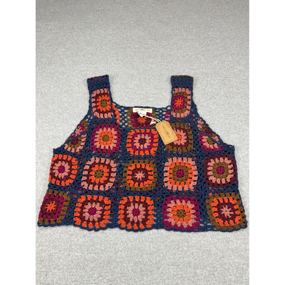 Natural Life Crochet Granny Square Tank Top Multicolor Boho Crop L/XL TOP963 NEW - Picture 2 of 11